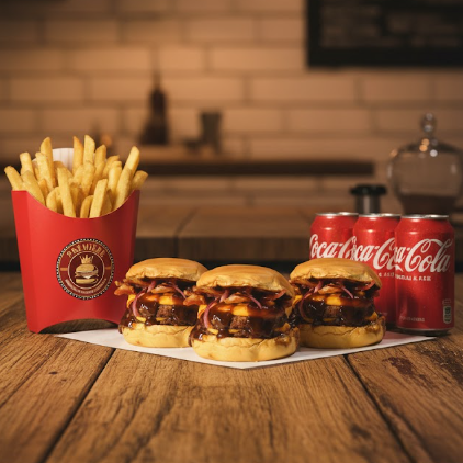 Combo Clássico contendo Três deliciosos Sanduíches Barbecue Explosion que contém: Pão Brioche, Dois Hambúrgueres Artesanais de 100g cada, Cheddar Melt, Bacon, Picles de Cebola Roxa e uma quantidade generosa de Molho Barbecue (Bbq). Além de uma Porção Tamanho Família de Batata Frita e Três Latas de Refrigerante 350mls.