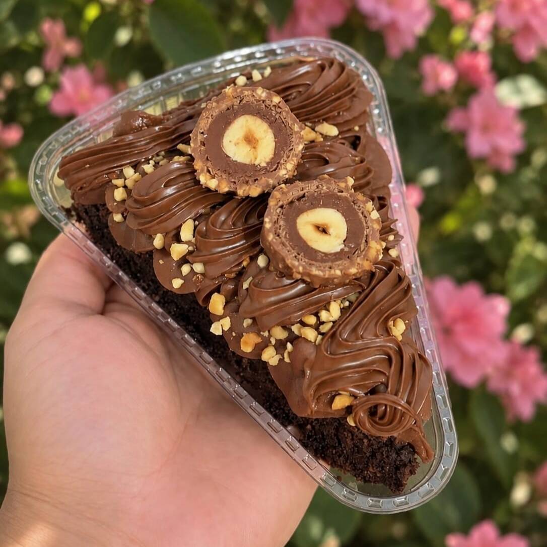 Brownie, brigadeiro de cacau 50%, amendoim triturado e bombom Ferrero Rocher.