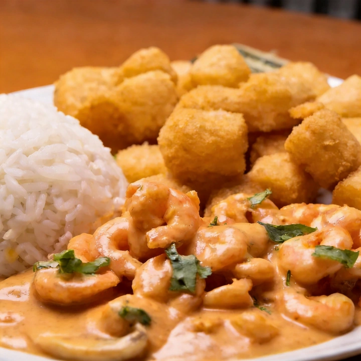 Executivo de Strogonoff Camarões mergulhado em um molho cremoso e delicadamente temperado. Servido com arroz branco soltinho, batata souté douradinha e batata palha crocante — uma combinação irresistível para quem ama frutos do mar com um toque especial.