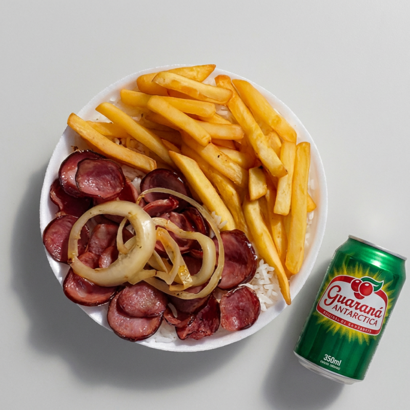 Acompanha arroz, feijão e fritas. Marmitex de 550g para 1 pessoa. Refrigerante lata 350ml