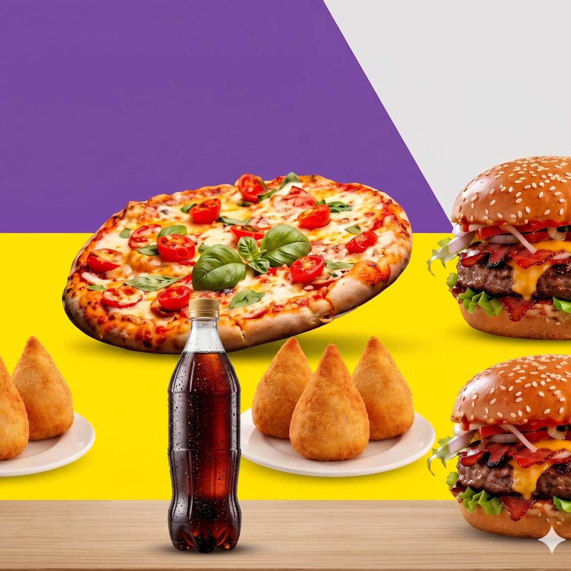 1 Pizza Mussarela com Calabresa
2 Hamburguer ( o mais vendiddo no )
6 coxinhas
1 Refrigerante de 1 Litro.