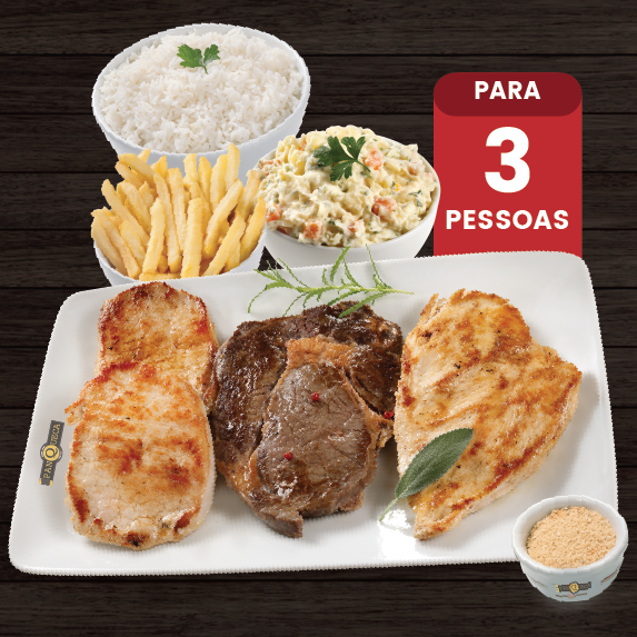 1 Lombo Suíno, 1 Ancho, 1 Filé de Frango. Acompanhamentos: Arroz, Feijão, Fritas, Maionese e Farofa