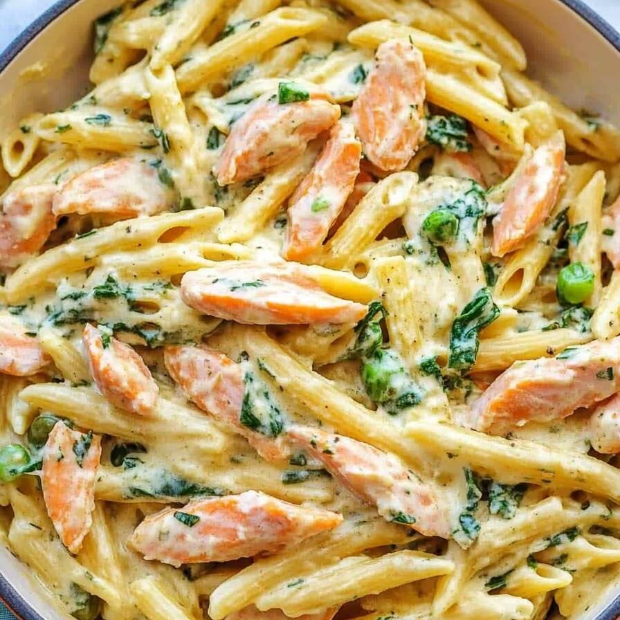 Penne cozido ao dente, salteado ao alho frito, molho branco com
limão siciliano, lascas de salmão assado e queijo ralado.
