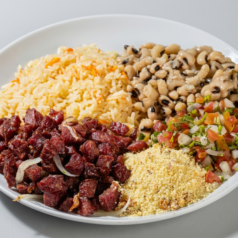 Prove nosso arrumadinho de charque, uma deliciosa combinação de charque desfiado, feijão verde e farofa, que traz o sabor autêntico do nordeste.