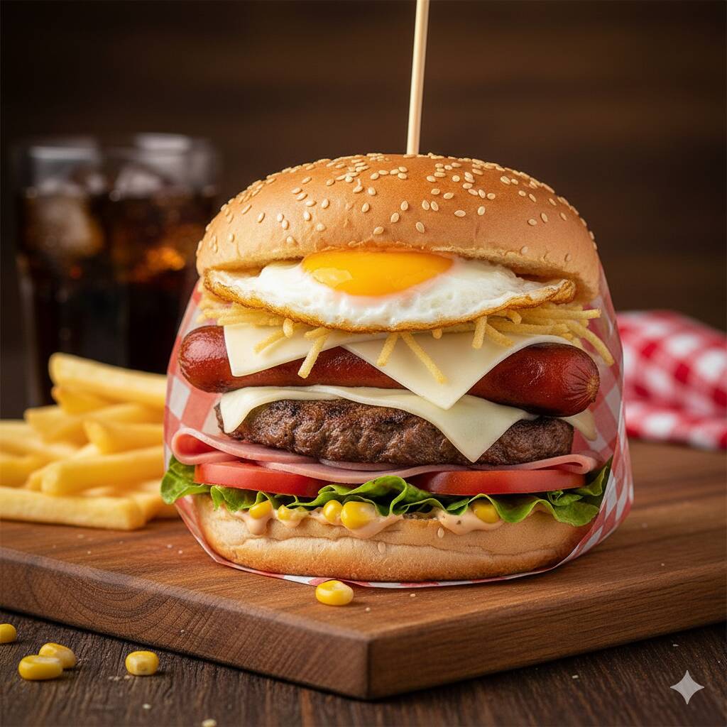 Pão, Hamburguer, Salsicha, Ovo, Presunto, Mussarela, Milho, Tomate, Alface, Batata Palha