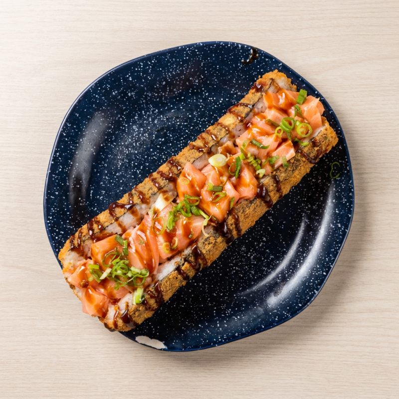 Hot Roll Premium Sushi preparado com arroz (shari), recheado com salmão e cream cheese. Servido frito com cebolinha. TARE ENVIADO A PARTE.