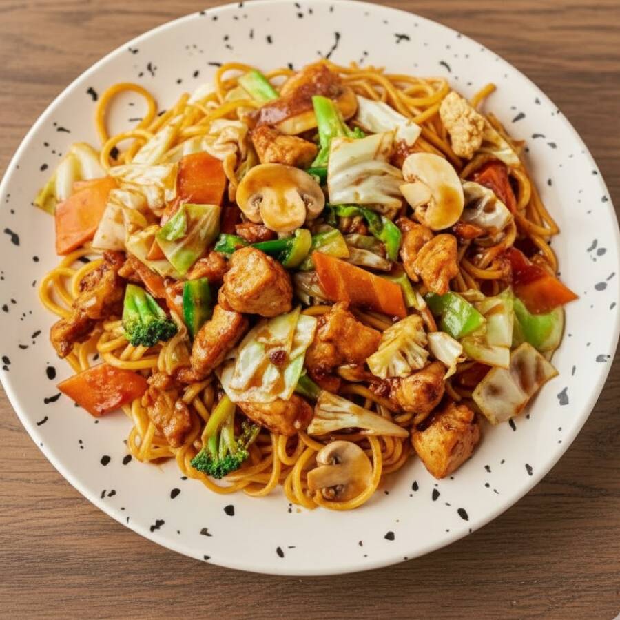 Macarrão sobá frito no wok com frango, couve-flor, brócolis, cogumelos, repolho e cenoura com o clássico molho do Lig-Lig. Preparado no wok chinês de forma artesanal com ingredientes frescos.