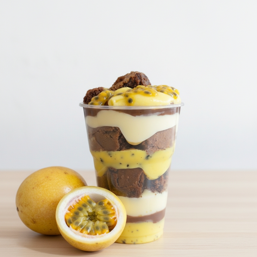 Aprecie nosso copo com uma explosão de sabores , feito com creme ao leite pedaços de brownie  de maracujá , creme de ninho , creme ao leite e pedaços de brownie.