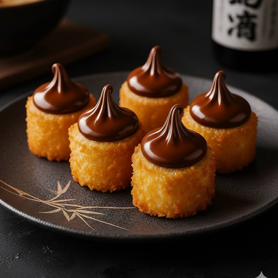 Roll empanado e frito recheado com banana prata e chocolate cremoso.