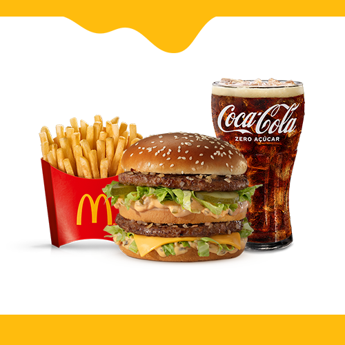 Dois hambúrgueres, alface, queijo e molho especial, cebola e picles num pão com gergelim, McFritas média e bebida.