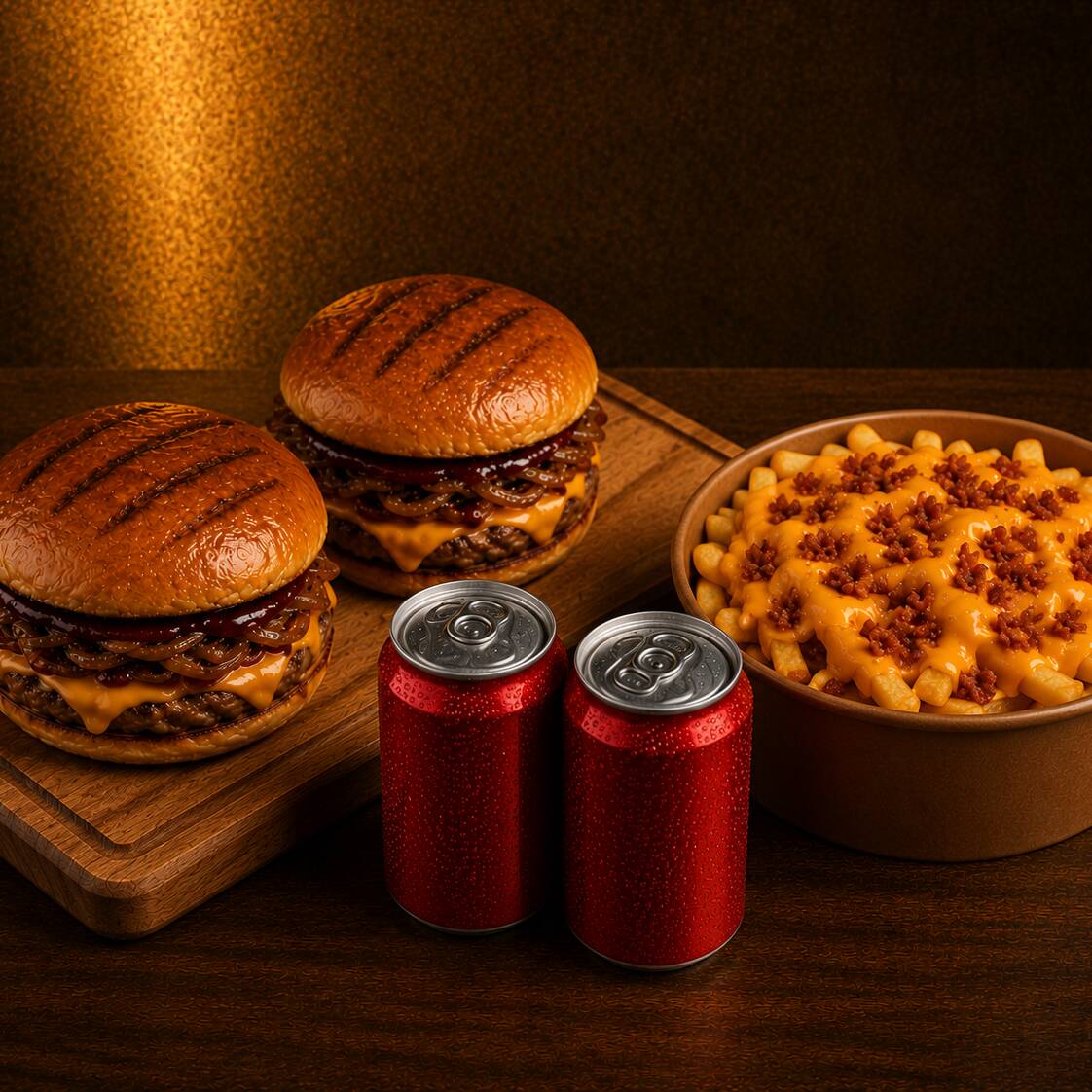 2 BURGUER ARTESANAIS + 1 BATATA M COM MOLHO DE CHEDDAR E FAROFA DE BACON + 2 LATAS DE REFRIGERANTE
POR NA OBSERVAÇÃO OS SABORES DOS BURGURES
DISPONIVEL CHEDDAR BURGUER ARTERSANAL E BURGUER CLASSIC ARTERSANAL