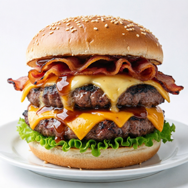 **Super Picanha Grill** Pão brioche, 2 hambúrgueres 100% picanha (150g cada | total 300g), 2x queijo prato, 2x cheddar, 2x bacon, salada e molho especial.