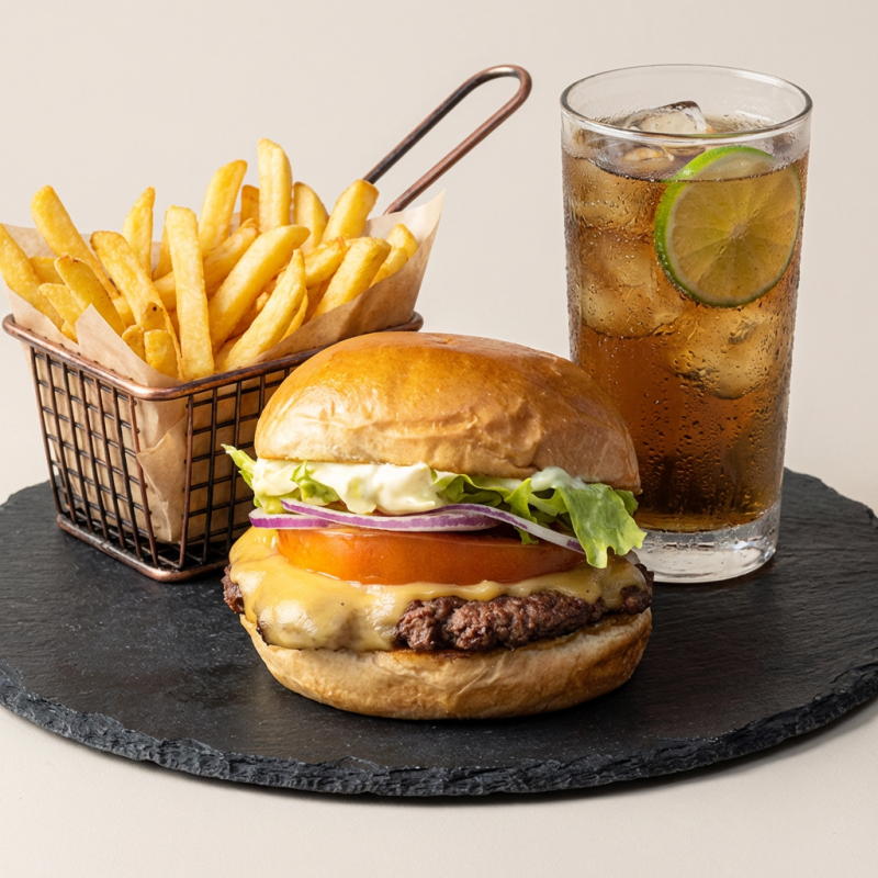 Oferta do combo X-Salada (pão. Carne 160gr, queijo, maionese defumada, alface e tomate). Acompanha porção de fritas 150gr, Bebida a sua escolha.