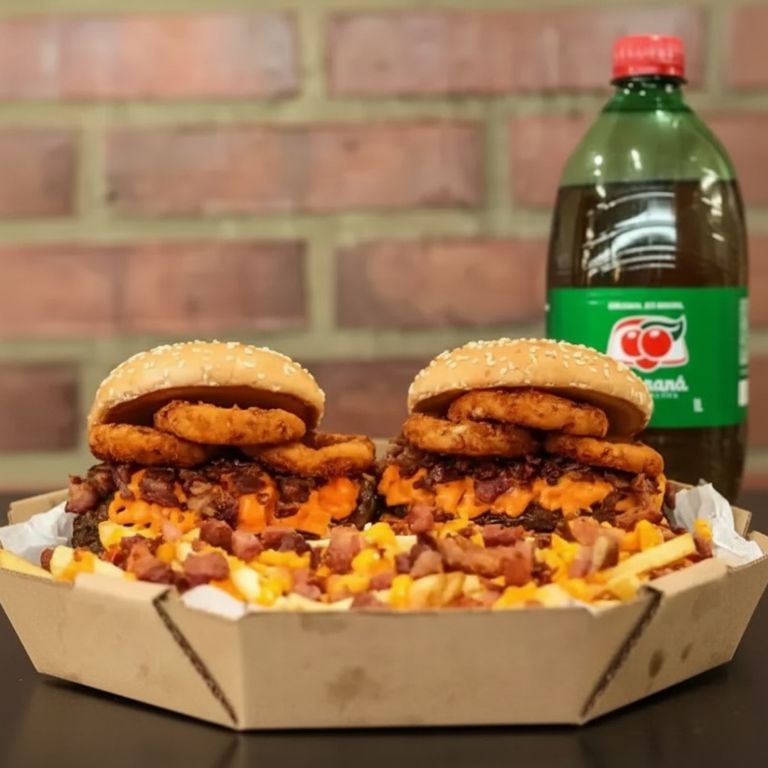 2 Lanches Com 2 Carnes De Picanha, Queijos, Bastante Cheddar, Anéis De Cebola E Bacon. Acompanha Batata Turbinada E Um Refri De 1 Litro.