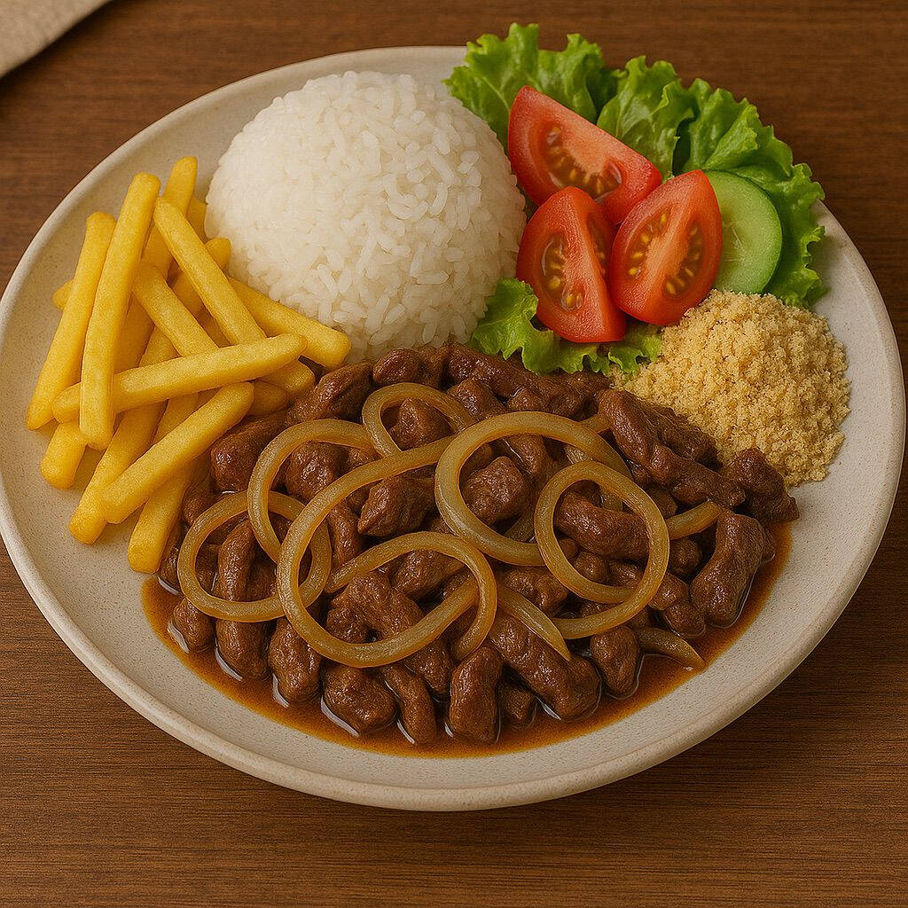 Arroz, feijão, farofa, salada, batata frita ou salpicão.