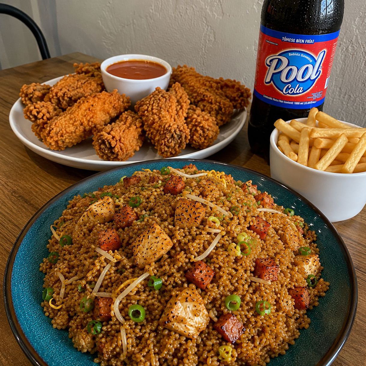 Arroz Chino 4per, 8 Alitas, Papas y Gaseosa 1L
