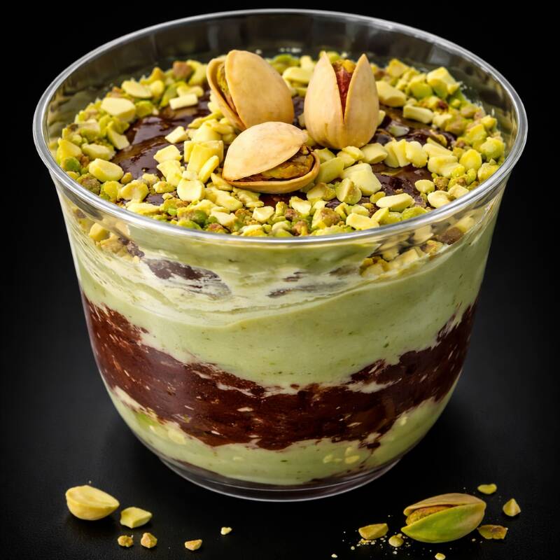 Feita com pasta de amendoim e pistache, 2,9g de whey, brigadeiro zero lactose, xerem de pistache, e pistache salgado.