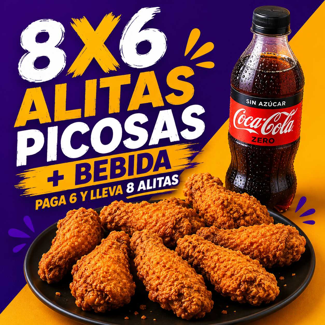 ALITAS PICOSAS 8X6 + BEBIDA