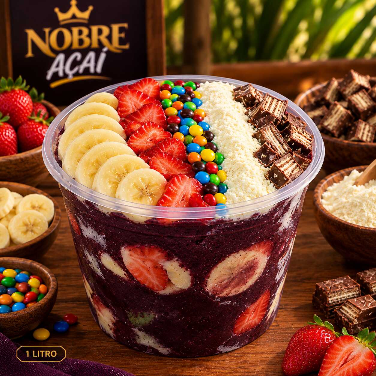 É açaí que não acaba mais! Monte seu Baldão Nobre de 1 litro com 5 adicionais inclusos e escolha seus favoritos para deixar do seu jeito. Açaí Amazônico produzido artesanalmente e com redução de açúcar.