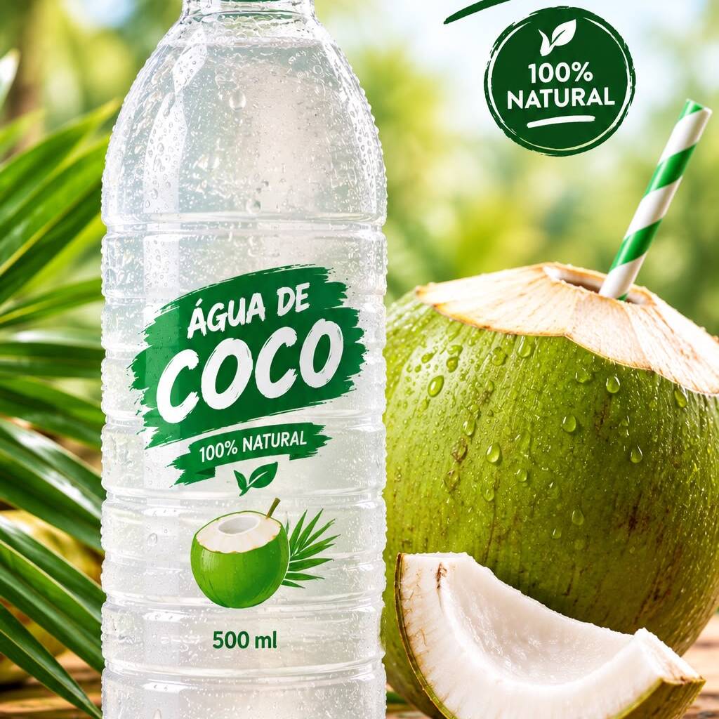 Água de coco 100% natural e bem geladinha! Extraída diretamente do coco, refrescante, leve e deliciosa. Perfeita para matar a sede!
