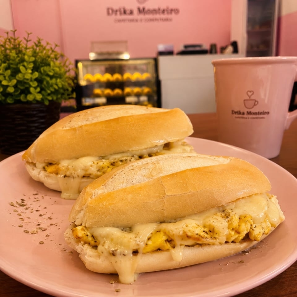 Pão francês, 2 ovos mexidos com muçarela e orégano