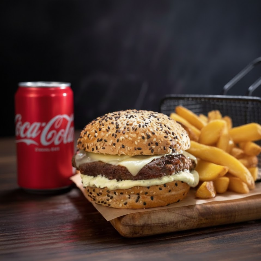 Hambúrguer 100% Angus de 180g grelhado no fogo, com muçarela derretida e maionese da casa no pão com gergelim selado na manteiga. Acompanha batata rústica crocante e Coca-Cola lata geladinha. Um combo que une sabor intenso, textura perfeita e o refresco clássico que não pode faltar.