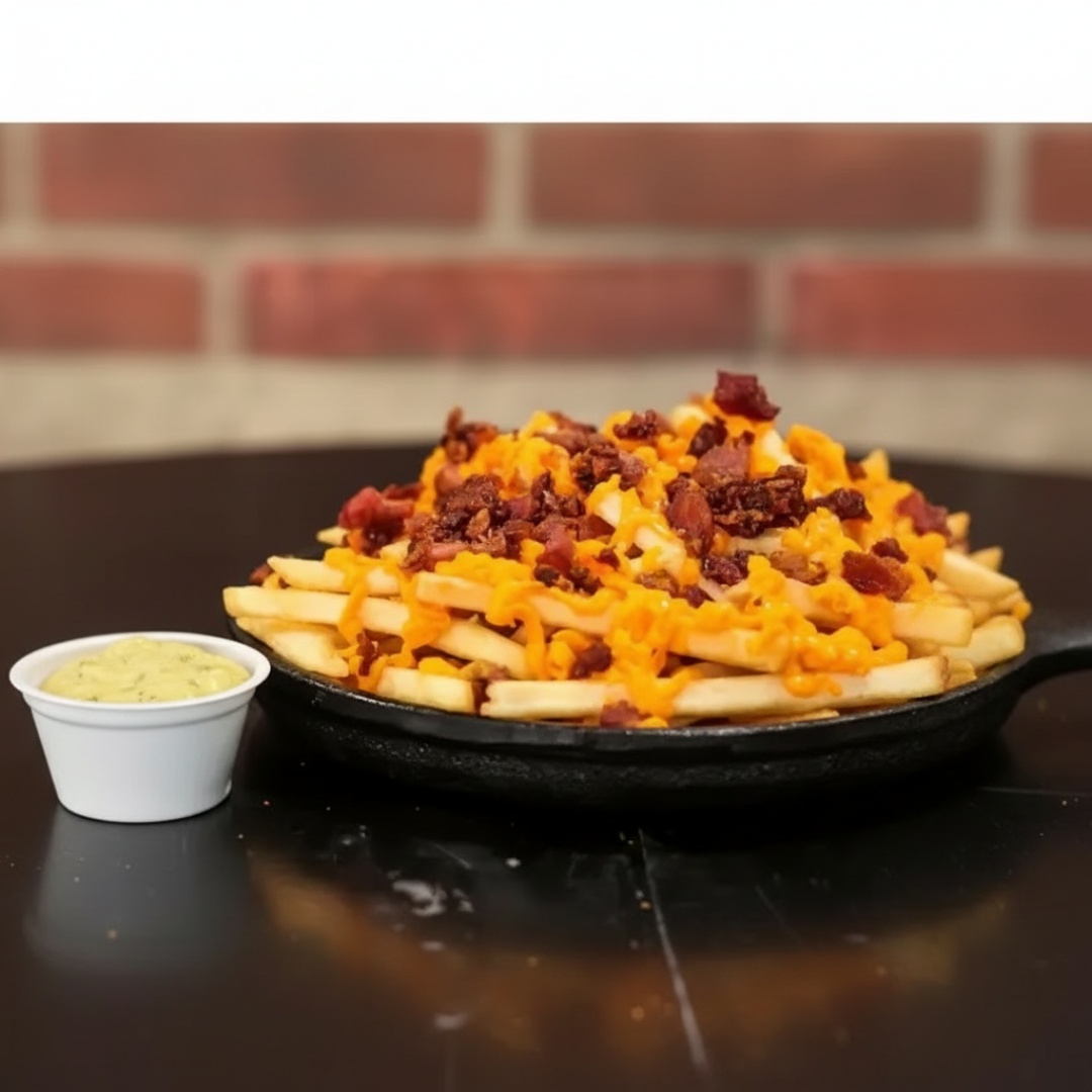 150g de batata frita, queijo chedddar e pequenos pedaços de bacon. Total de aproximadamente 180g