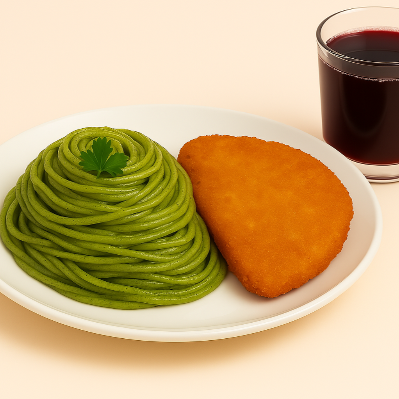 Fideos Verdes con Milanesa + Sopa + Bebida