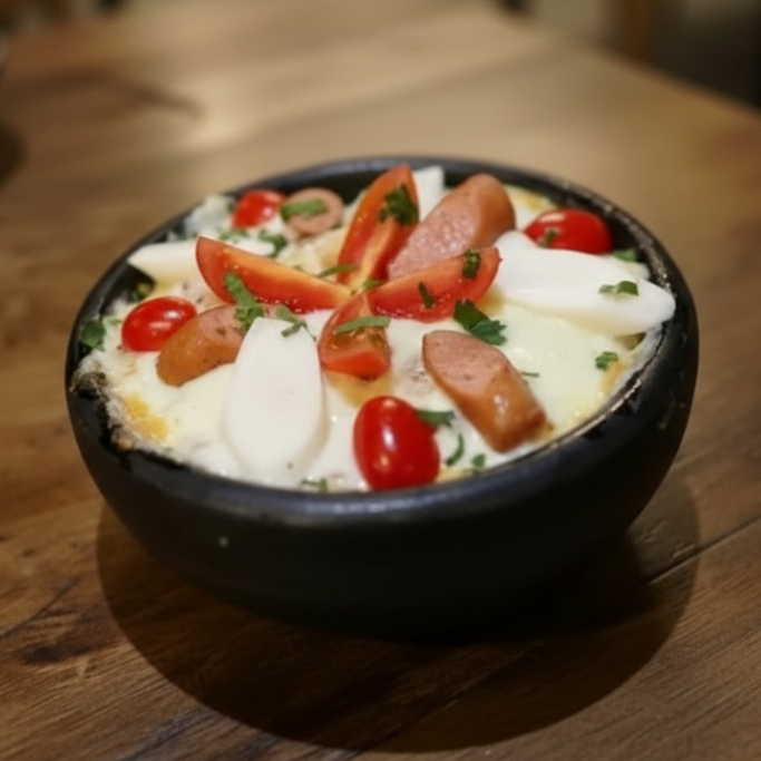 INDIVIDUAL | 400ML
Arroz, carne serenada, linguiça calabresa, bacon, linguiça suína, mussarela, tomate e especiarias da casa.