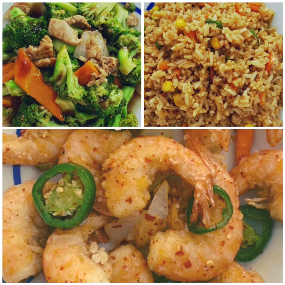 Camaron y Bistec con Brocoli con Arroz