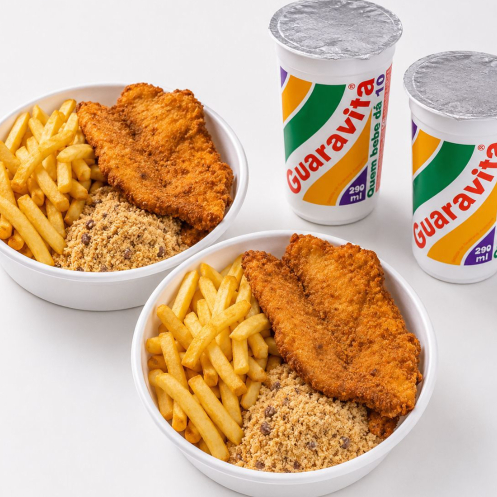🍗 2 Frangos à Milanesa com Fritas + 2 Guaravitas
✨ Acompanha arroz, feijão, farofa e fritas
😋 Refeição completa e saborosa para compartilhar!
Clima de Copa / Combo / Promoção / Desconto