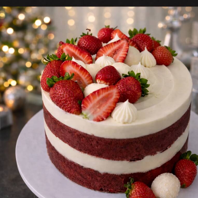 Nosso Red Velvet é feito na versão tradicional, sem corantes artificiais — a cor vinho natural vem da reação do cacau, como na receita original. No estilo naked cake, com camadas aparentes que valorizam o visual, ele leva recheio cremoso de Leite Ninho combinado com geleia de morangos, trazendo um equilíbrio perfeito entre o doce e o frutado. Finalizado com morangos frescos para dar aquele toque especial. A massa é macia, úmida e delicada, com um leve sabor de chocolate e a acidez característica do Red Velvet. Um bolo elegante, saboroso e feito de forma natural — perfeito para qualquer ocasião