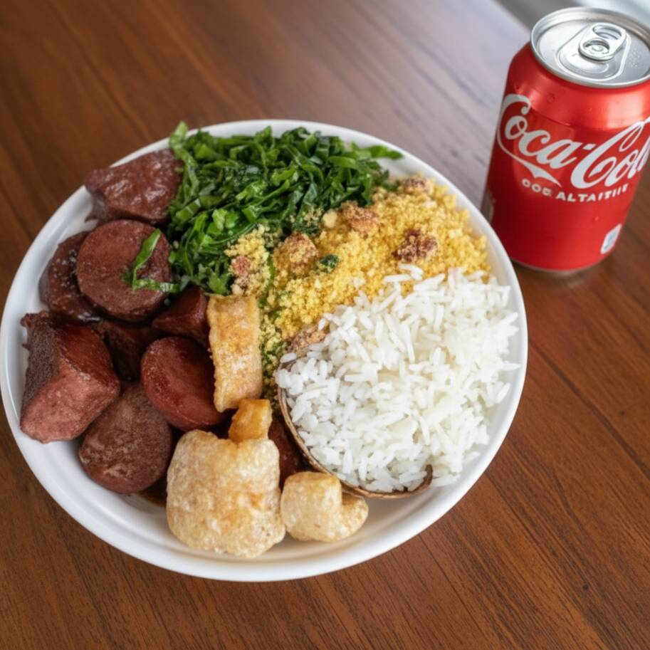 Marmitex de feijoada com feijão preto, carne suína, calabresa e bacon. Acompanha arroz branco, farofa, couve e torresmo crocante.