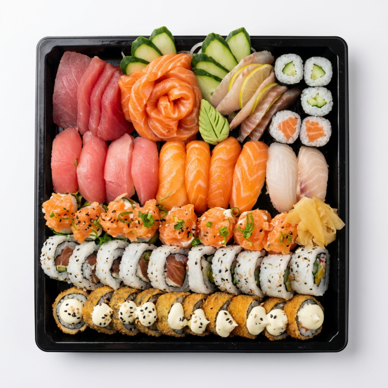 Salmão:
10 sashimis
5 niguiris
5 joys
5 uramakis
5 Sashimis Sainte Peter
5 niguiris
5 joys de pepino com peixe branco
10 Hot Rolls