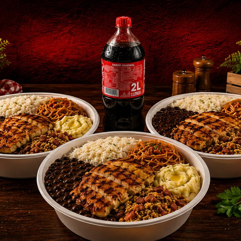Perfeito para compartilhar! O Combo Família – Frango acompanha 3 marmitas completas de frango grelhado, preparadas com arroz branco, feijão preto com caldo, espaguete ao molho, purê de batatas cremoso, farofa com bacon e 1 refrigerante de 2 litros. Uma opção completa, saborosa e com excelente custo-benefício para toda a família ou para dividir com amigos.