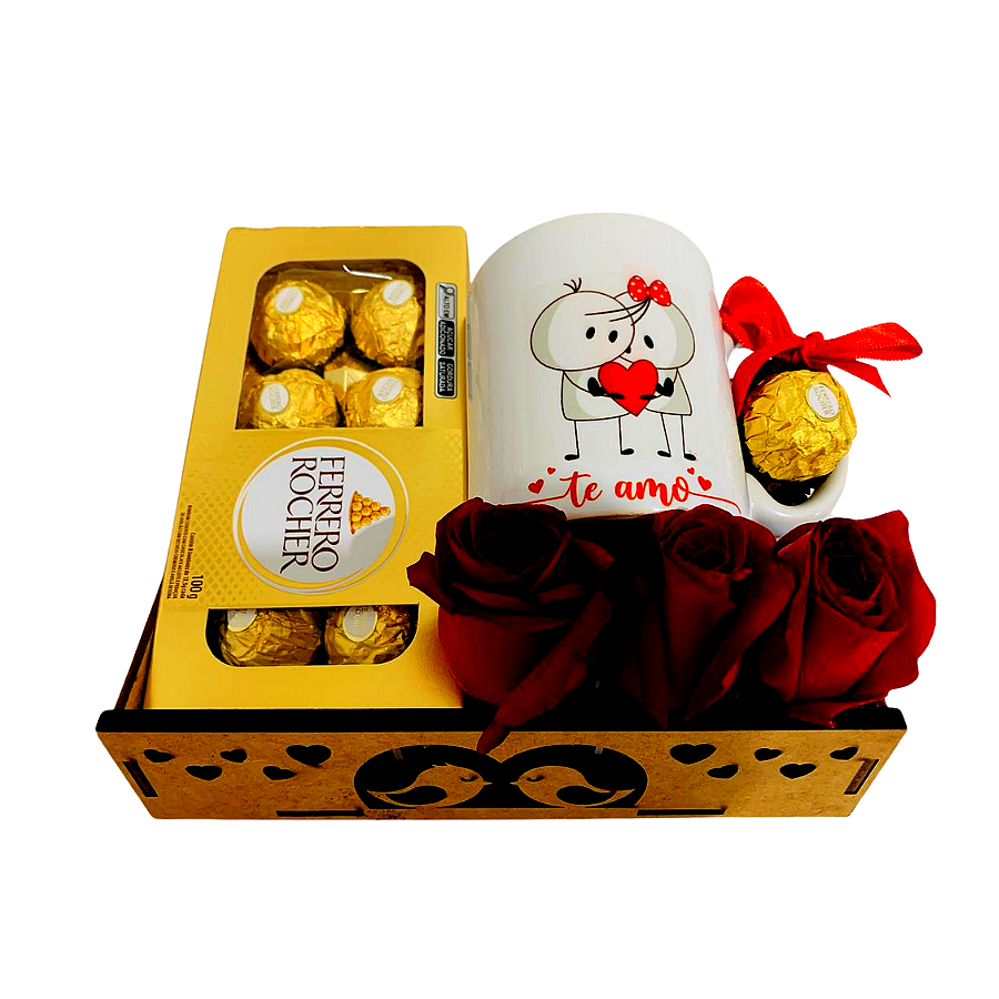 Um kit chocolate com cafe ,1 ferrero rocher 100g 1 caneca e um mimo para deixar seu dia bem docinho.
