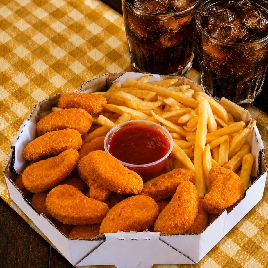 Petisqueira Super Nuggets com Batata Frita + Molho Barbecue 100ml Grátis - Média para 2 pessoas