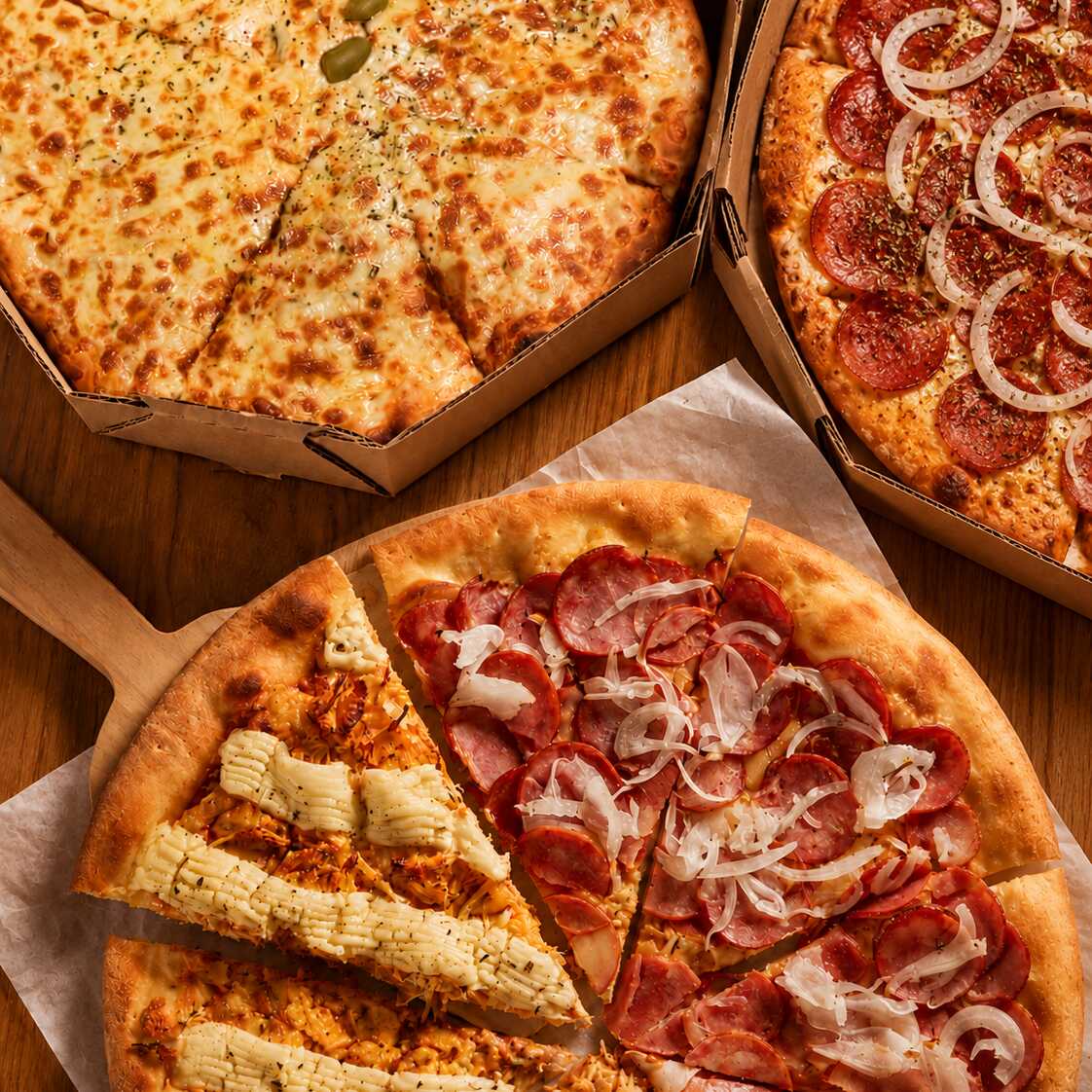 Monte seu combo com 3 pizzas grandes e escolha entre nossos deliciosos sabores.