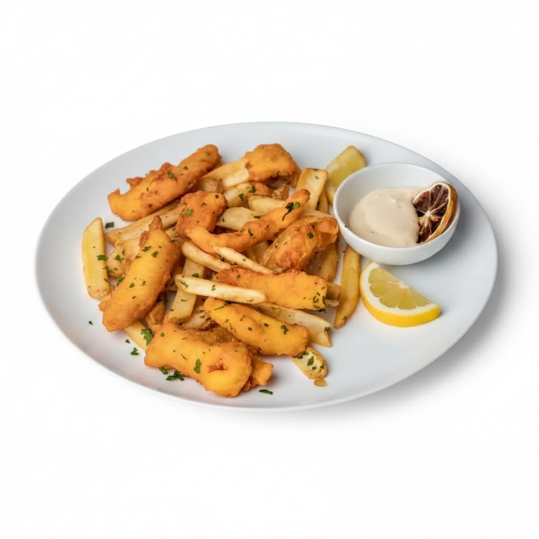 Tilapia com batata frita tradicional, maionese com toque de limão. 600g.