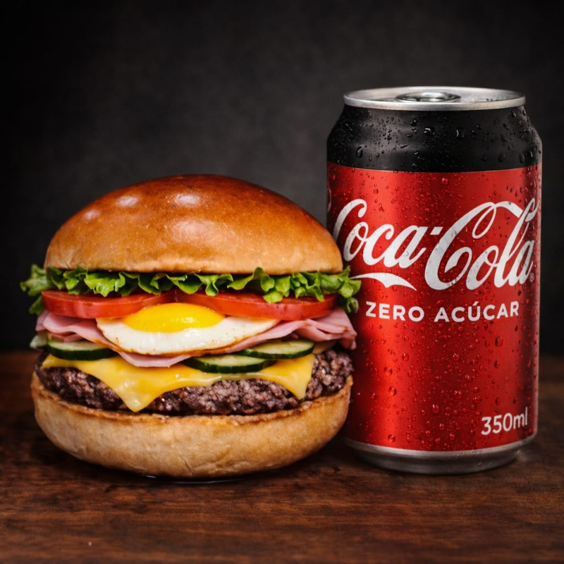 Pão, carne, ovo, presunto, queijo, tomate, pepino e alface.