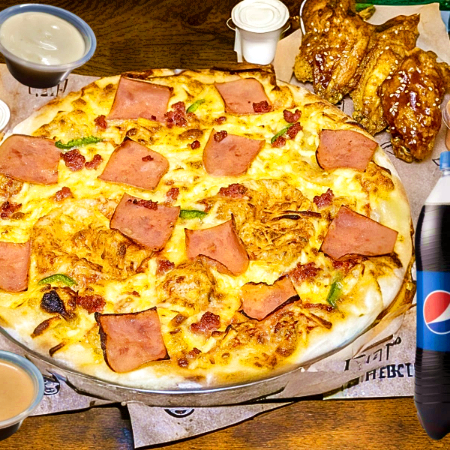 Combo pizzas clasica 8tj+6und alitas bbq++pepsi 1l