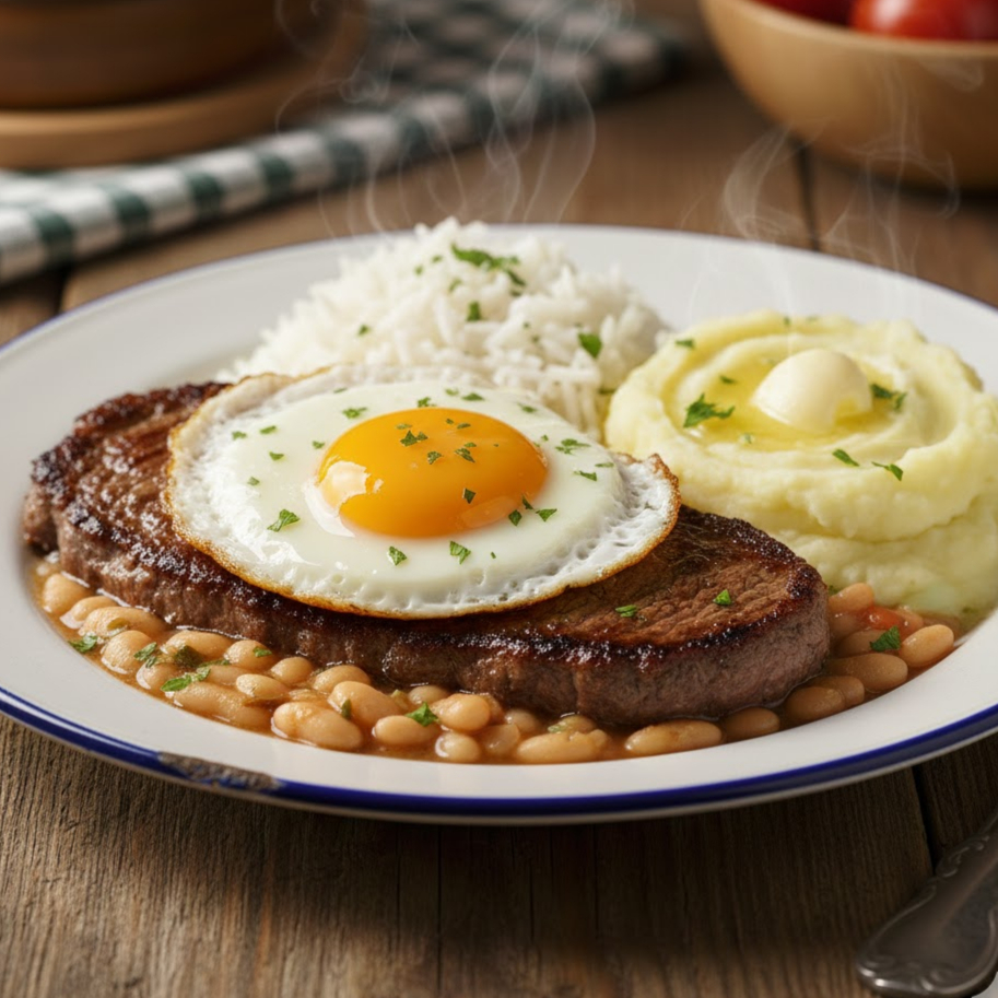 Clássico e irresistível! Bife a cavalo suculento, coberto com ovo frito no ponto certo, acompanhado de arroz branco soltinho, feijão branco saboroso e purê de batatas inglesas cremoso. Uma refeição completa, deliciosa e com o autêntico sabor caseiro!