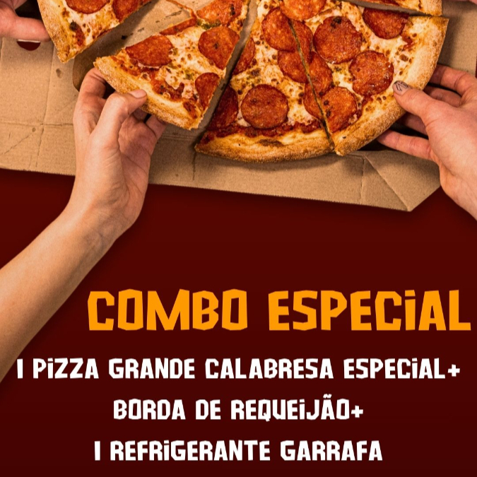Este combo acompanha uma pizza Grande calabresa especial, preparada com molho da casa, calabresa fatiada, mussarela, orégano e azeitonas + Borda de requeijão cremoso + 1 Refrigerante
