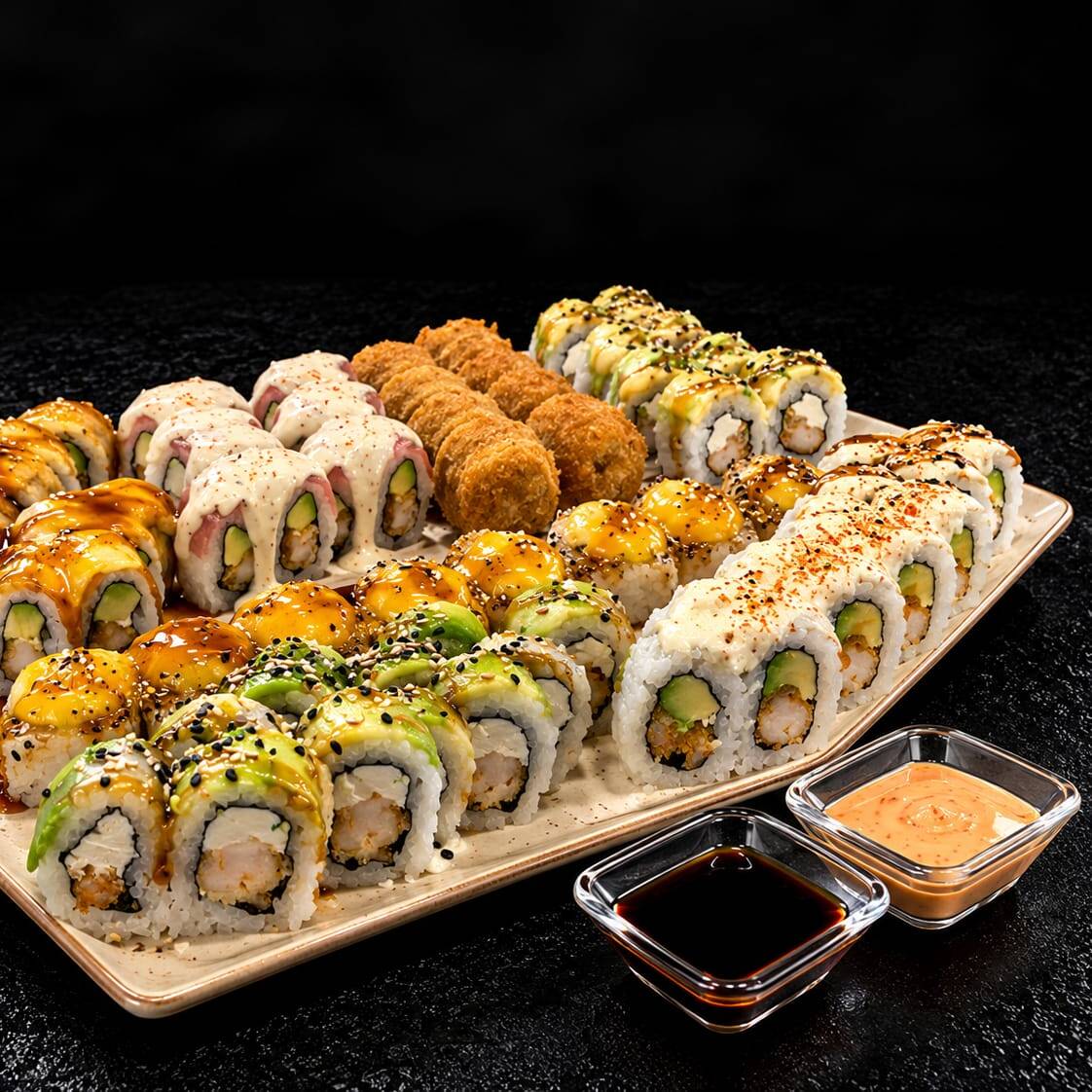40 PZ CON POLLO,TEMPURA,PESCADO, TICO Y 2 SALSAS