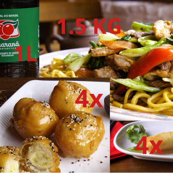 O macarrão frito mais vendido (carne, frango e legumes) na sua versão família acrescido de sobremesa; São 1500g de Yakissoba + 4 Rolinhos sabores a sua escolha + 1 Guaraná Antártica 1L + 1 porção de banana caramelada 4 unids.