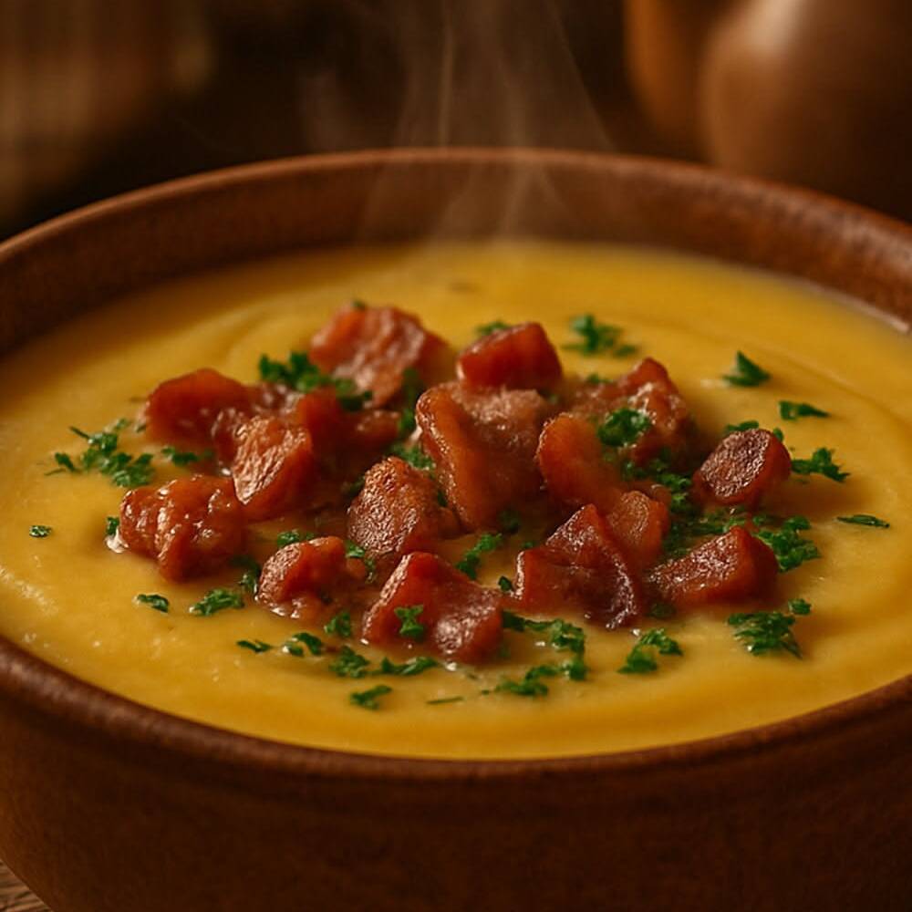 Um saboroso creme suculento de abóbora cabotia, feito com temperos, folhas batidas como alho e cebola, e serve 2 pessoas.