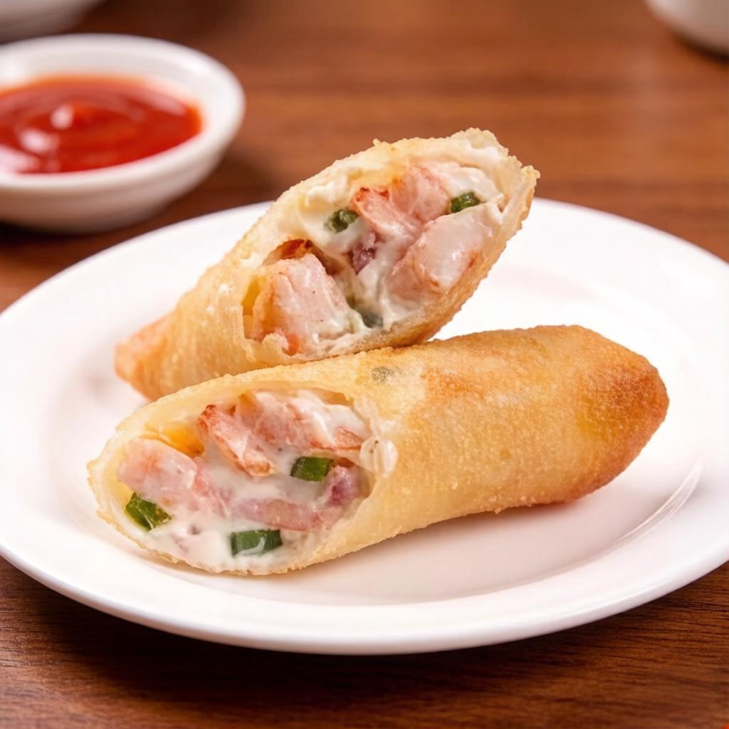 Massa crocante recheada com filé de camarão e cream cheese.