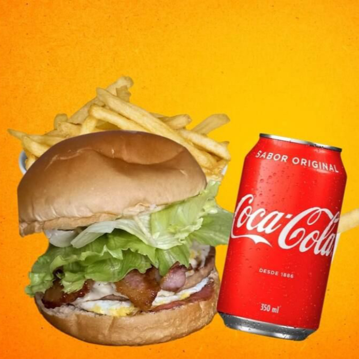 X-Tudo (Pão de hambúrguer, hambúrguer, ketchup, mostarda, maionese, batata palha, queijo, cheddar, Catupiry, alface, tomate, bacon, calabresa, ovo), uma porção de batata (com cheddar, Catupiry e ketchup) e um refrigerante lata 350 ml
