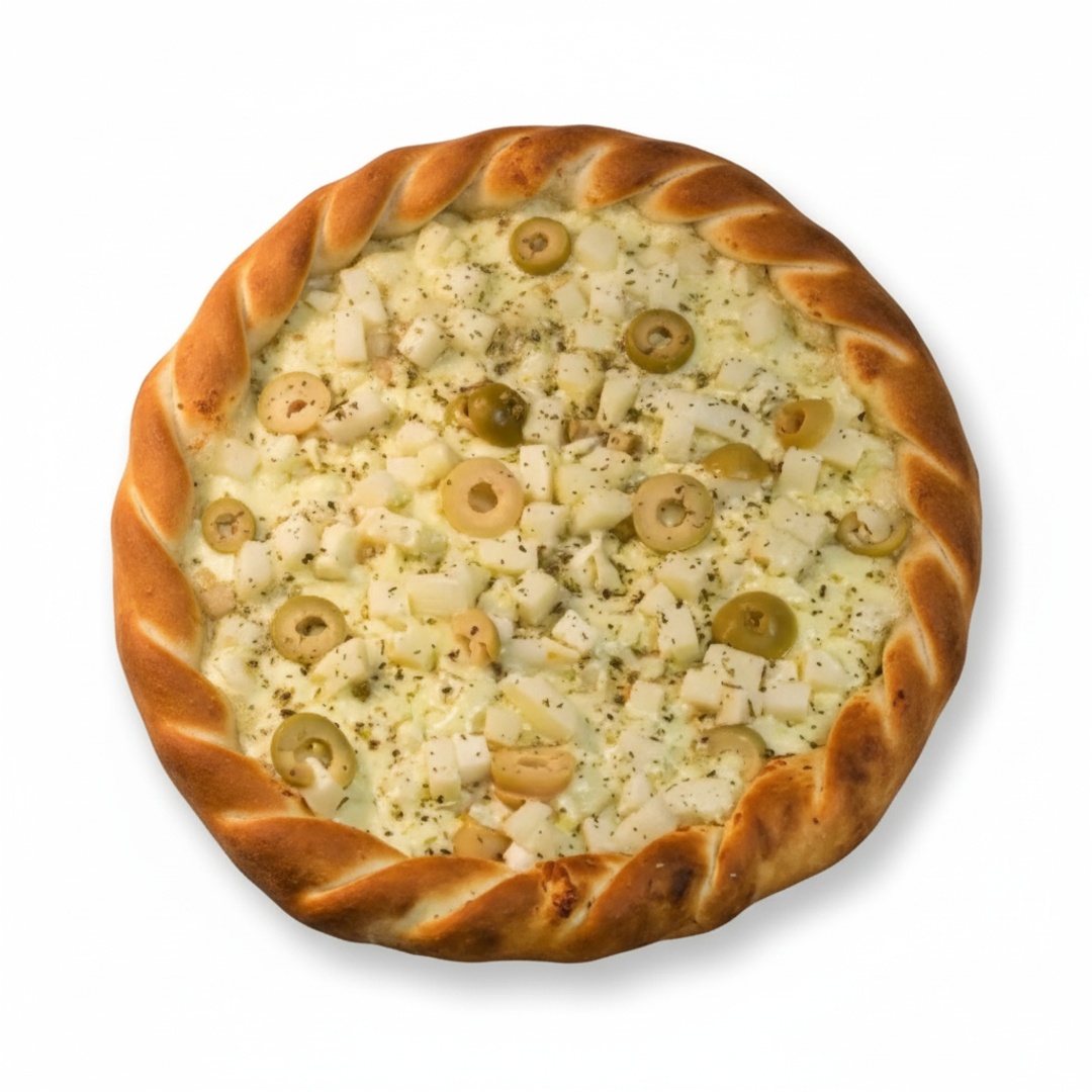 Molho, mussarela, orégano, palmito e azeitona