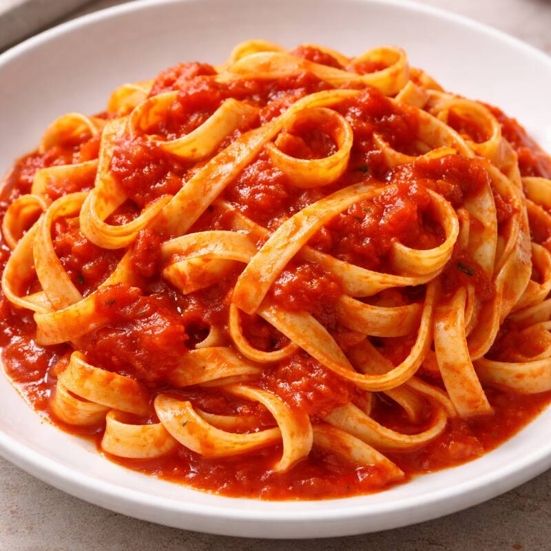 Massa fresca produzida artesanalmente na casa, molho de tomate caseiro.